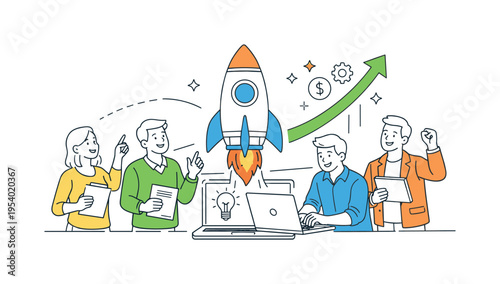 A group of entrepreneurs preparing to launch a new startup venture and present their innovative business solution to the market, illustrated through a simple visual metaphor of a