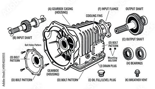 Gearbox diagram illustration with housing, input, and output shaft parts with bolt pattern