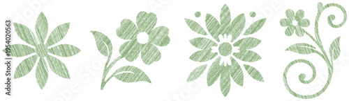 Textured floral elements: green embroidered flower and swirl graphics with hand drawn