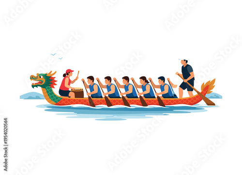 Team collaboration and synchronized effort during a traditional dragon boat racing event on a calm river, a long narrow dragon boat with a small group of paddlers moving in perfect