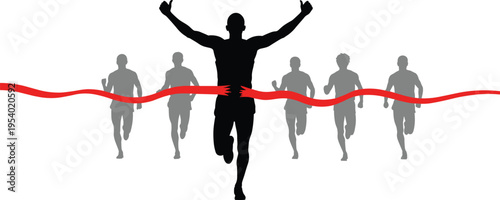 Man in black silhouette crossing red finish line ahead of gray silhouettes red ribbon runners racing