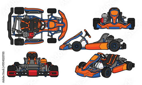 Go-kart illustrations showing different views with blue and orange color scheme and black seat