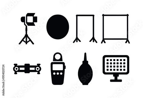 Photo studio equipment: studio light stand, reflector disc, camera slider rail, backdrop stand frame, camera monitor screen, light meter device, camera cleaning blower, portable