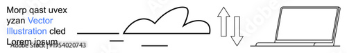 Cloud computing, data transfer, digital technology, network storage, IT systems, online productivity. Minimalistic cloud design and arrows next to a laptop. Cloud computing and data transfer