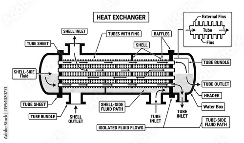Heat Exchanger Diagram Showing Shell and Tube Fluid Flows