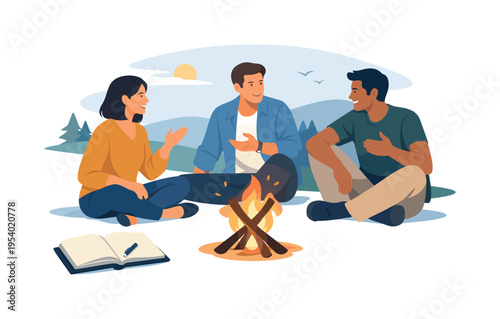 A teamwork inspiration moment where colleagues informally generate fresh ideas and strategic perspectives during an outdoor evening retreat away from office pressure, visual