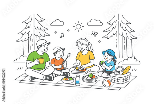 Family outdoor bonding and healthy lifestyle concept showing parents and children spending quality time together in a peaceful forest environment, using tall trees and a simple