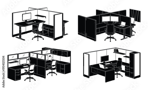 Office cubicles with desks and chairs in black and white isometric view for office design layout.