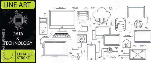 Line art illustration of various technology and data icons and devices