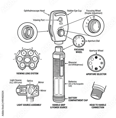 Ophthalmoscope parts diagram; eye exam instrument components, medical examination.