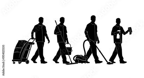 Four workers walking with cleaning equipment in a line formation