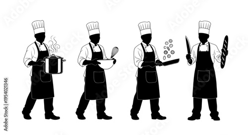 Four chefs walk while carrying cooking utensils and ingredients in a kitchen environment