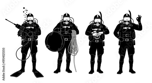 Four scuba divers standing equipped with gear and accessories