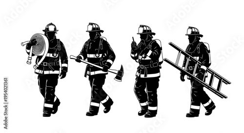 Firefighters walking in line carrying equipment to rescue people