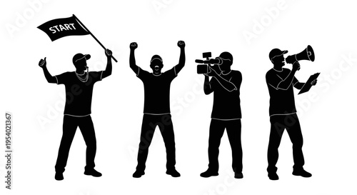 Protesters with a flag, fists raised, and media recording the event outdoors