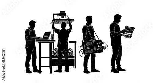 Workers loading equipment into industrial facility with tools and machinery