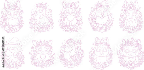 Blurry pink and white animal face stickers on white background