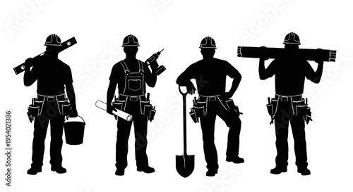 Four construction workers standing in line with various tools and equipment