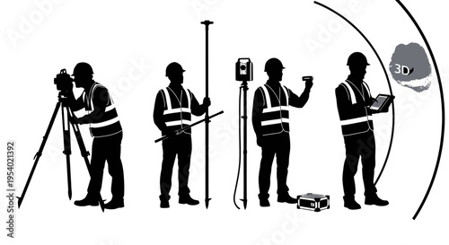 Construction workers operate surveying equipment on a site outdoors