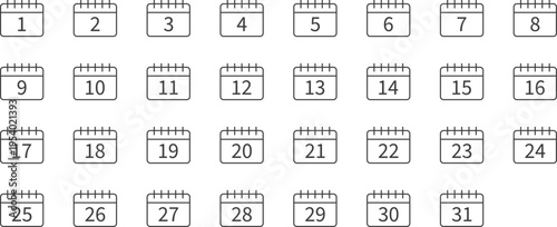 Set of calendar icons with dates from 1 to 31, monthly planner symbols for scheduling and time management