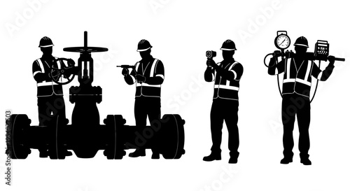 Four workers in construction gear operate heavy machinery on an industrial site with tools.