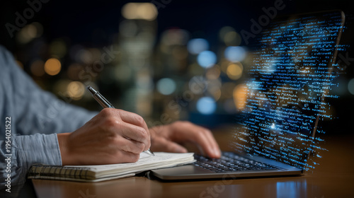 Close-up perspective of hands holding a pen while reviewing handwritten coding notes and comparing them with AI-generated code running on a laptop screen, faceless composition high