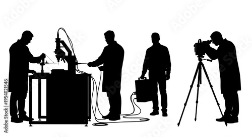 Four silhouetted men working with industrial equipment and camera on a tripod