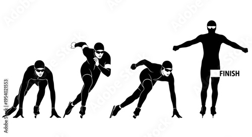 Athletes in various poses crossing finish line in Sports event with silhouettes