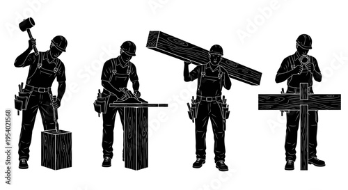 Construction workers are building a structure with tools and materials on site