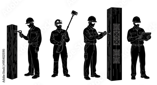 Workers in hard hats inspect and handle large wooden beams on site