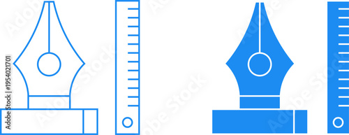 Fountain pen nib and ruler icon set, vector illustration of design tools for drawing and writing