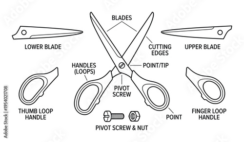Scissors anatomy diagram, parts illustration with blades, handles and pivot screw