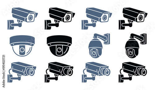 Security camera vector set, CCTV surveillance systems illustration, black and blue color