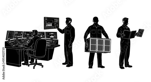 Workers in an office setting are operating and maintaining control panels and equipment while collaborating.