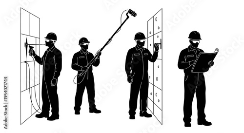 Workers in protective gear installing and inspecting electrical panels with tools.