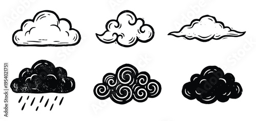 Set of six hand-drawn clouds, light and dark, different styles, isolated vector illustration