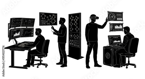 People working on computers and control panels in a technology lab setting