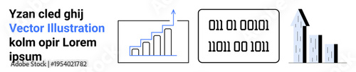 Data visualization, binary coding, business analytics, technology, digital growth, market trends. Chart with upward trend, binary numbers and bar graph. Data visualization and binary coding