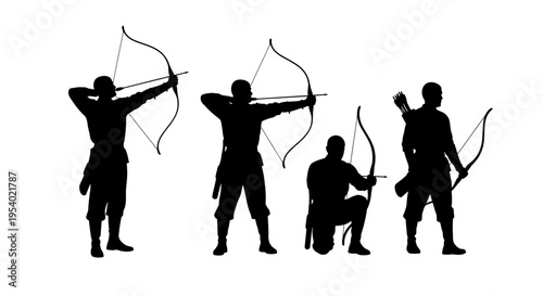 Four archers are shooting arrows in different stances with bows and quivers.