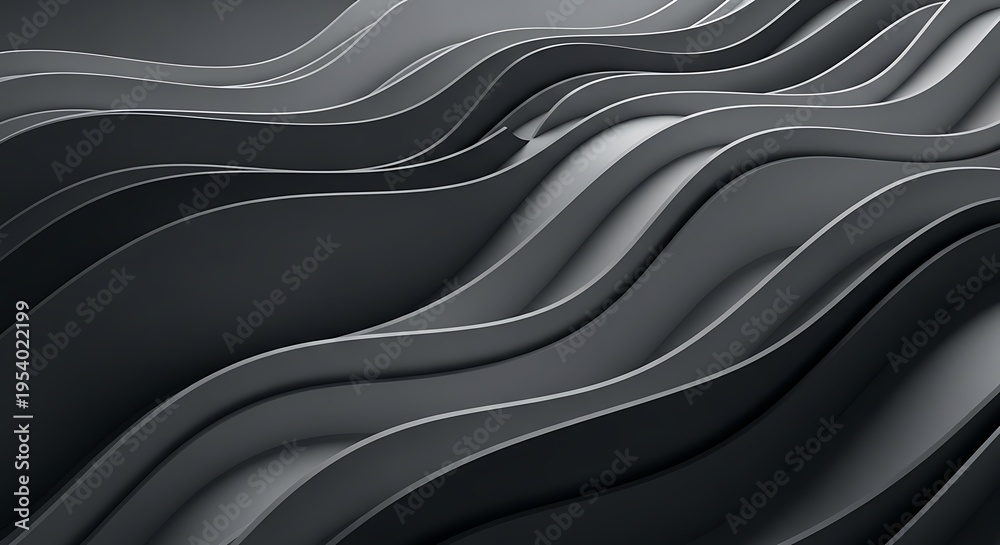 Fototapeta premium Abstract luxury backdrop featuring a soft flowing wave of dark silk fabric texture with smooth blue light curves and a satin pattern design on a black and white vector wallpaper