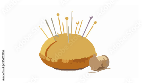 Yellow pin cushion with needles and thread vector sewing tool isolated on white background
