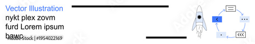 Software development, automation, innovation, project management, coding, technology. Rocket with flow diagram. Software development and automation concepts