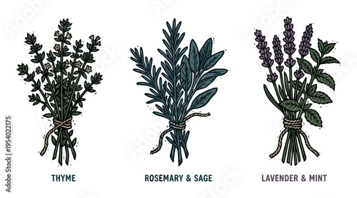 Thyme, rosemary and sage, lavender and mint herb bundles, vector illustration.