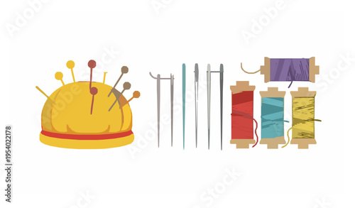 Pin cushion and sewing tools vector set with needles and thread isolated on white