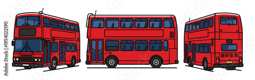 Three Red Double Decker Buses in Front, Side, and Rear Views