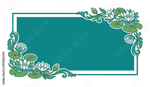 Water lily floral frame vector, aqua leaves, flower graphic design illustration