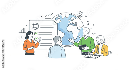 Global regulation and policy impact concept illustrating teams working together to implement standards that influence economies and societies worldwide, using a document and a
