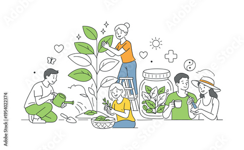 Sustainable health and plant-based lifestyle concept illustrating people cultivating and using herbs for personal wellbeing and preventive care, using a growing plant and a simple