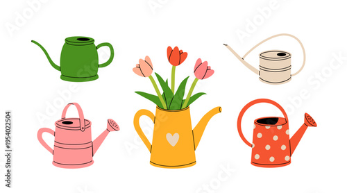 Four colorful cartoon watering cans decorated with simple floral and heart designs.