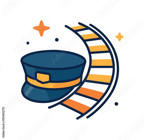 Career dedication and pride in transportation service roles centered on facilitating connection between people and places, a simple conductor hat placed near a curved railway track